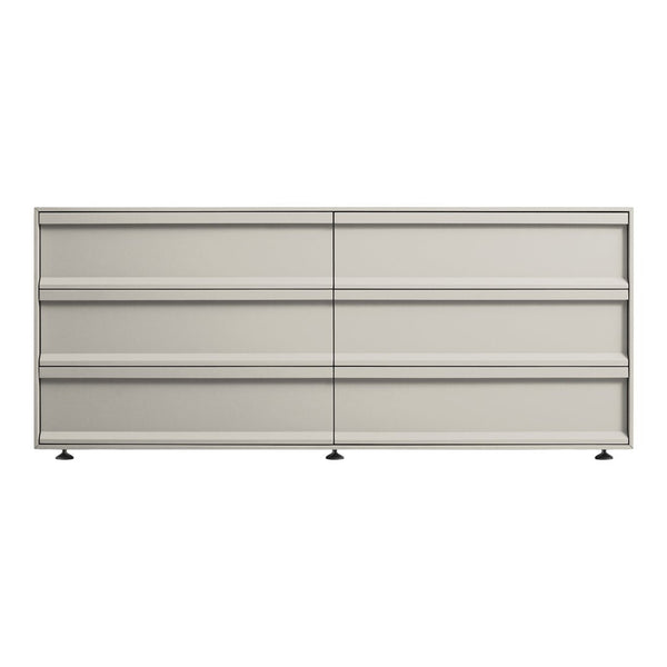Modern, light gray storage cabinet with sleek, horizontal lines and minimalist design. Perfect for contemporary spaces.