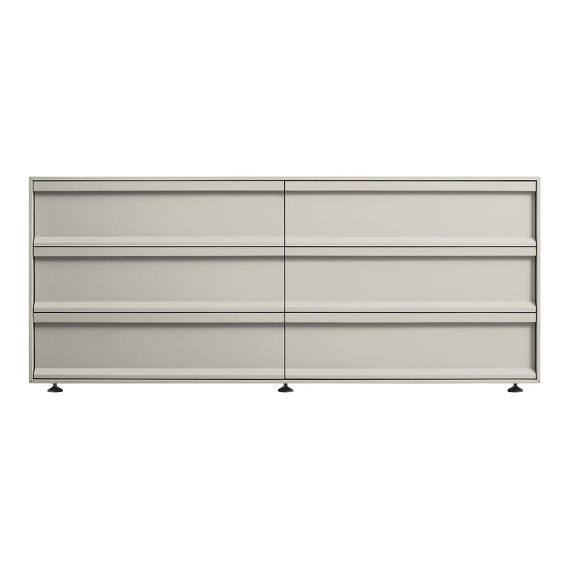 Modern, light gray storage cabinet with sleek, horizontal lines and minimalist design. Perfect for contemporary spaces.