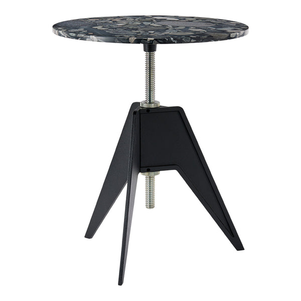 Black and gray marbled tabletop with a sleek black geometric base. Modern design for stylish decor.