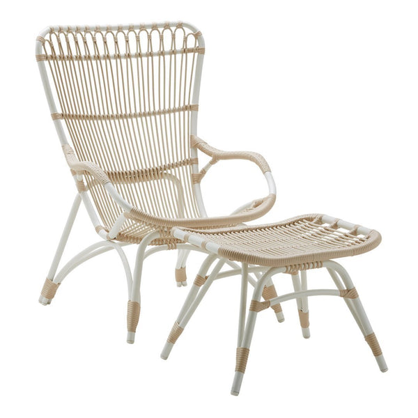"Mid-century rattan chair in natural beige with a geometric pattern and smooth, sleek lines."