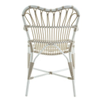 White rattan chair with a light beige woven pattern, showcasing a stylish, contemporary design.