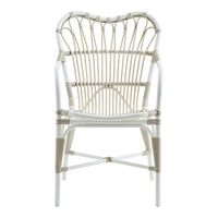 Elegant white chair with intricate beige and natural woven patterns, perfect for a stylish decor.