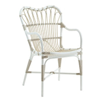 White and beige rattan chair with a woven pattern, featuring a stylish heart-shaped backrest.