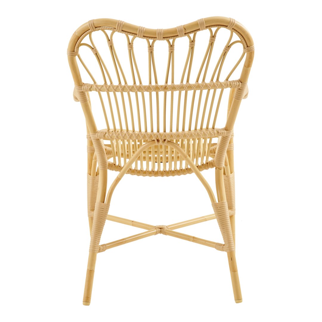 Natural rattan chair with a light beige finish and intricate woven patterns for a stylish, bohemian touch.