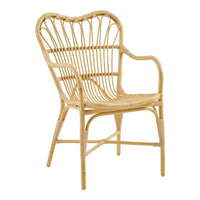 Natural rattan chair with a heart-shaped back and an open woven design, showcasing a light tan finish.