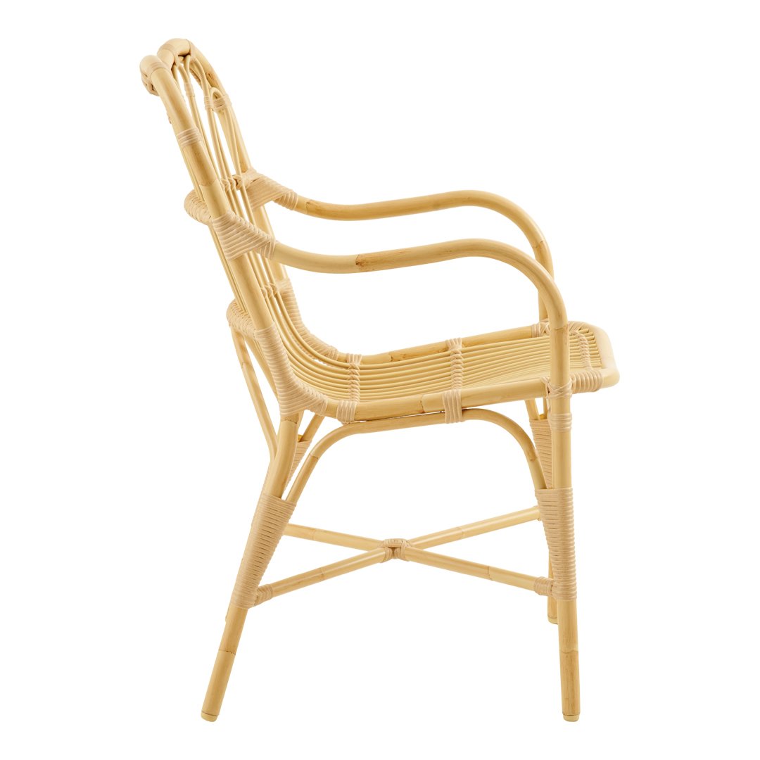 Light bamboo side chair featuring simple, elegant lines and a natural woven pattern. Perfect for casual decor.