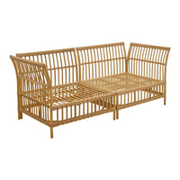 Natural bamboo sofa with a minimalist design featuring open slat patterns and warm, earthy tones. Ideal for outdoor settings.