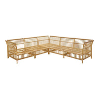 Natural rattan sectional sofa in a warm beige tone with a vintage-inspired woven pattern. Perfect for cozy spaces.