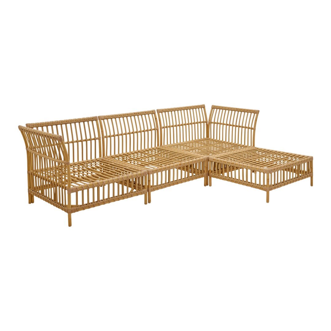 Natural bamboo sofa with a sleek, slatted design in warm, light brown tones. Ideal for modern, stylish interiors.