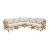 Beige cushioned corner sofa with a natural wood frame and minimalist design. Perfect for outdoor or indoor settings.