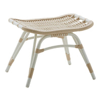 "Beige woven rattan stool with white accents, featuring a stylish pattern and sturdy frame."