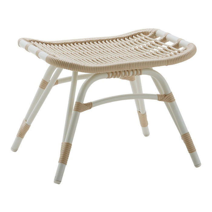 "Beige woven rattan stool with white accents, featuring a stylish pattern and sturdy frame."