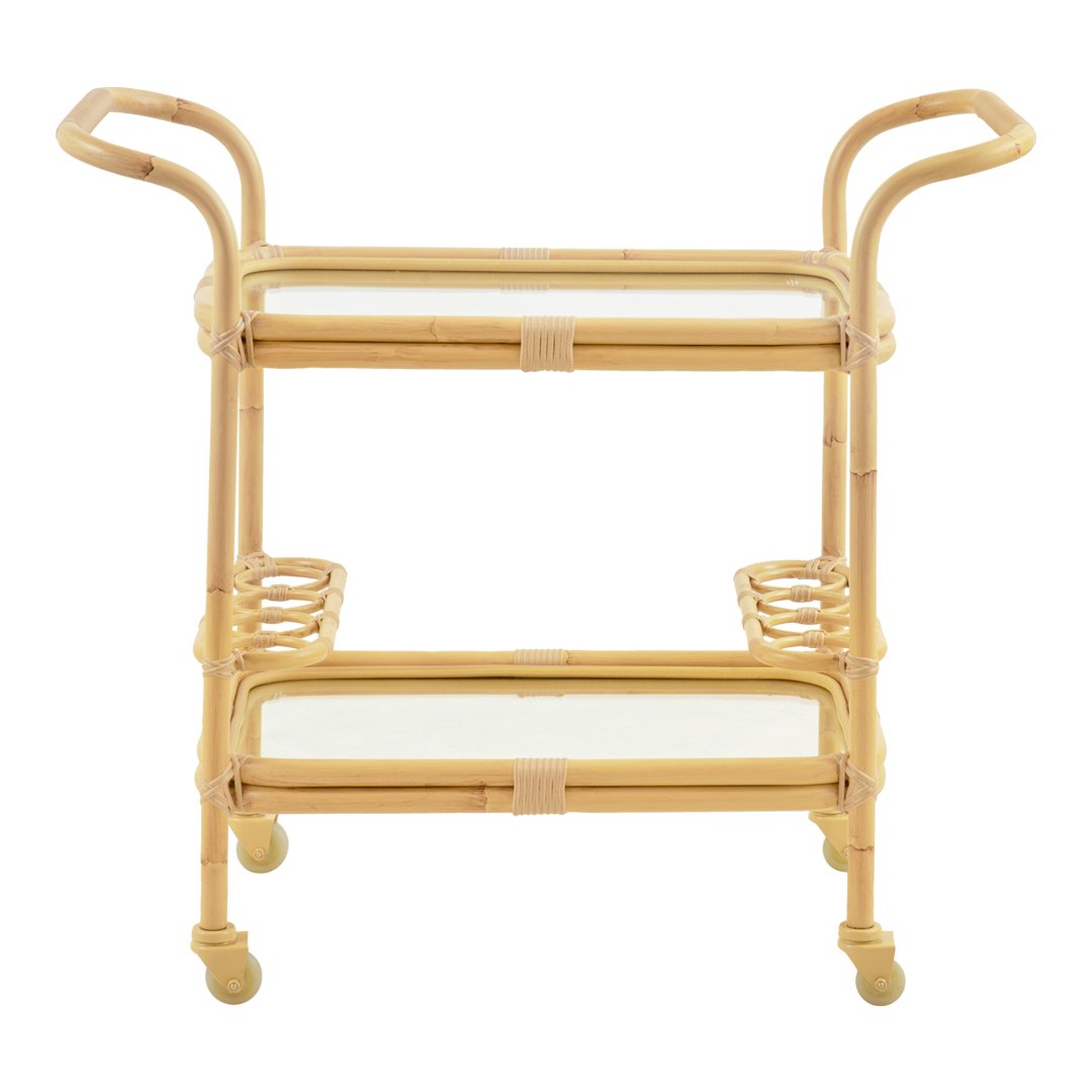 Natural bamboo serving cart with smooth, light-colored finish and minimalistic, clean lines.