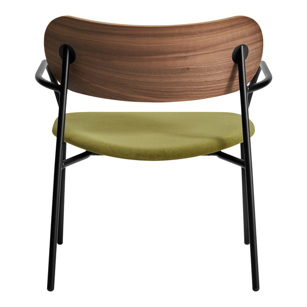 Wooden backrest in warm brown, olive green seat cushion, and sleek black metal frame, creating a modern design.