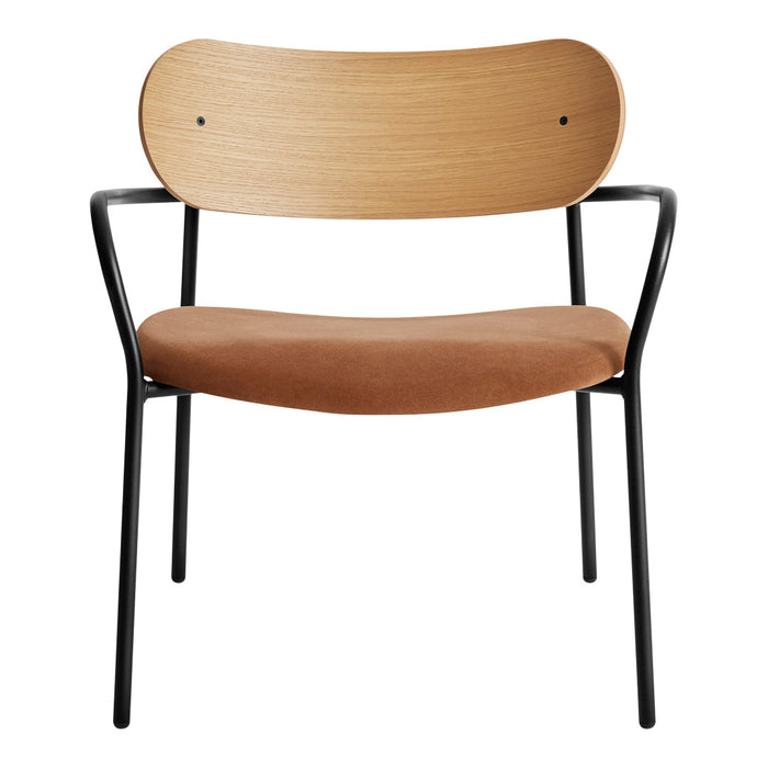 Brown suede seat with light wood backrest and sleek black metal frame, featuring a minimalist design.
