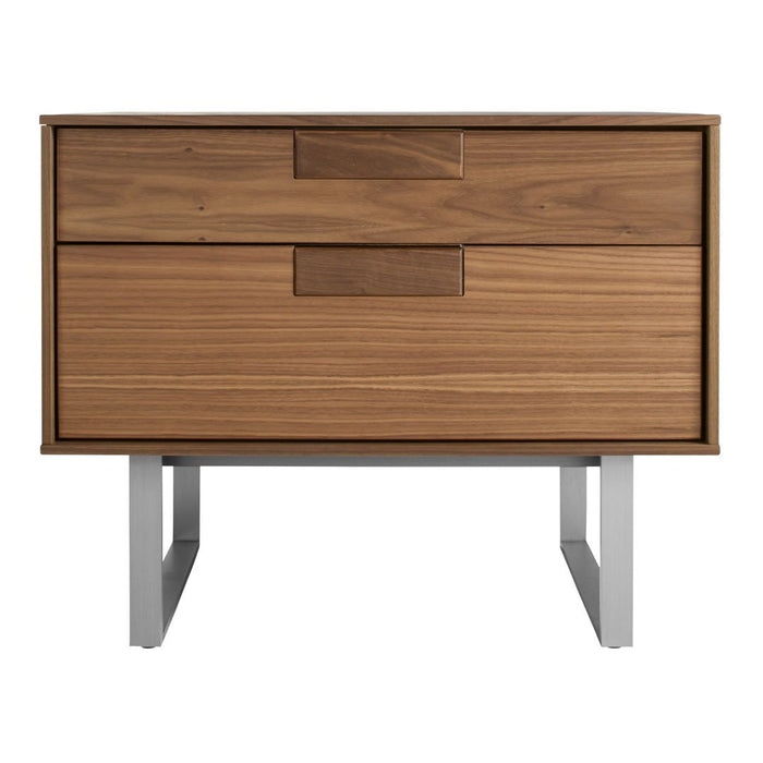 Wooden bedside table with a rich walnut finish and sleek silver legs, featuring a modern minimalist design.