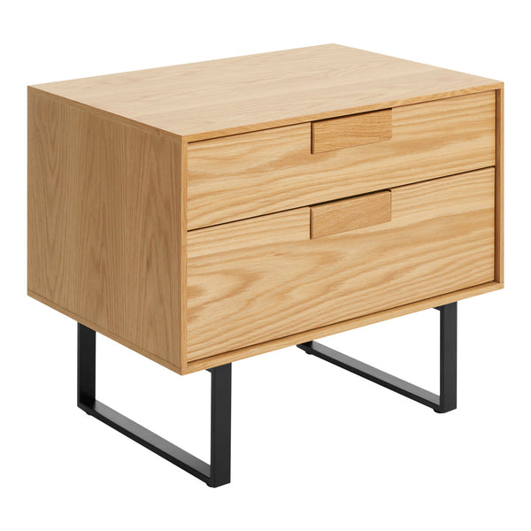 Light oak nightstand with a natural wood grain pattern and sleek black metal legs for a modern touch.