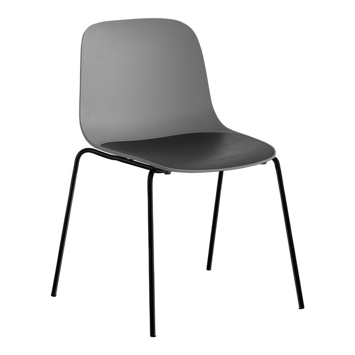 Modern gray chair with a contrasting black seat and sleek black legs, featuring a minimalist design.