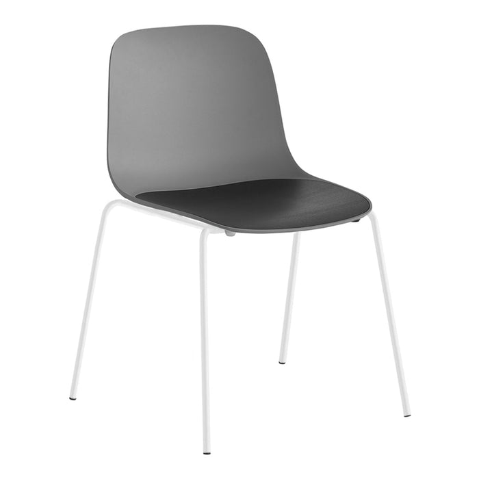 Modern chair in sleek gray and black with minimalist white metal legs. Ideal for contemporary decor.