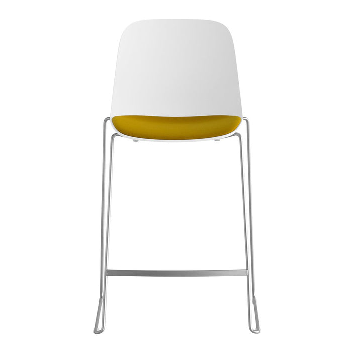 White and yellow modern stool with a sleek metal base, featuring a smooth two-tone design and minimalist aesthetic.