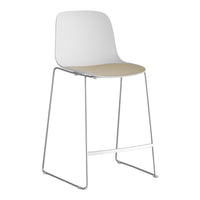 Modern white bar stool with a natural beige seat and sleek chrome legs, featuring a minimalist design.