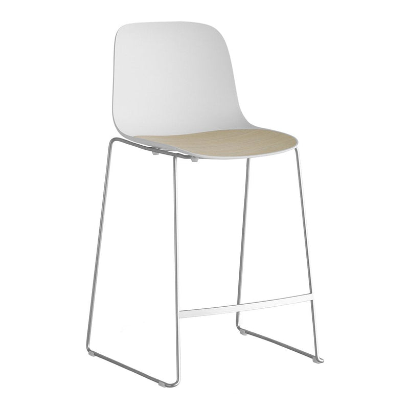 Modern white bar stool with a natural beige seat and sleek chrome legs, featuring a minimalist design.