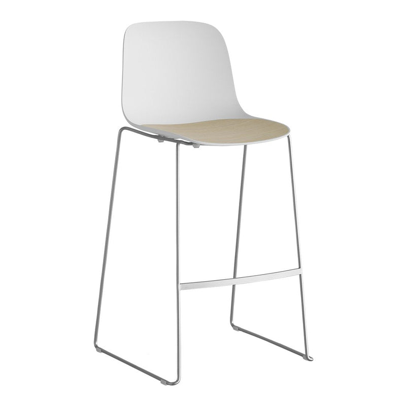 White bar stool with a light beige seat and sleek chrome legs, featuring a modern minimalist design.