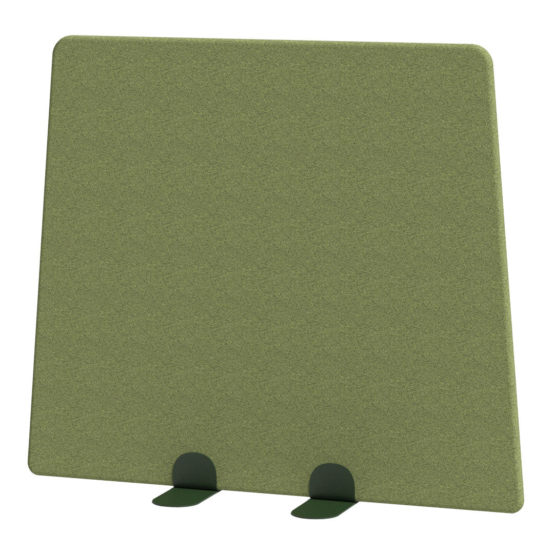 Green textile panel with a smooth texture, featuring dark green clips for support. Simple and modern design.