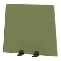 Green textile panel with a smooth texture, featuring dark green clips for support. Simple and modern design.