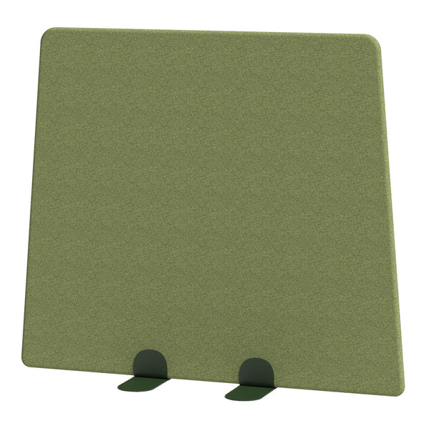 Green textile panel with a smooth texture, featuring dark green clips for support. Simple and modern design.