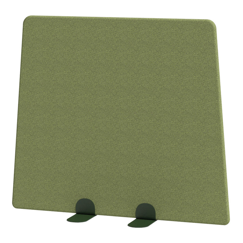Green textile panel with a smooth texture, featuring dark green clips for support. Simple and modern design.