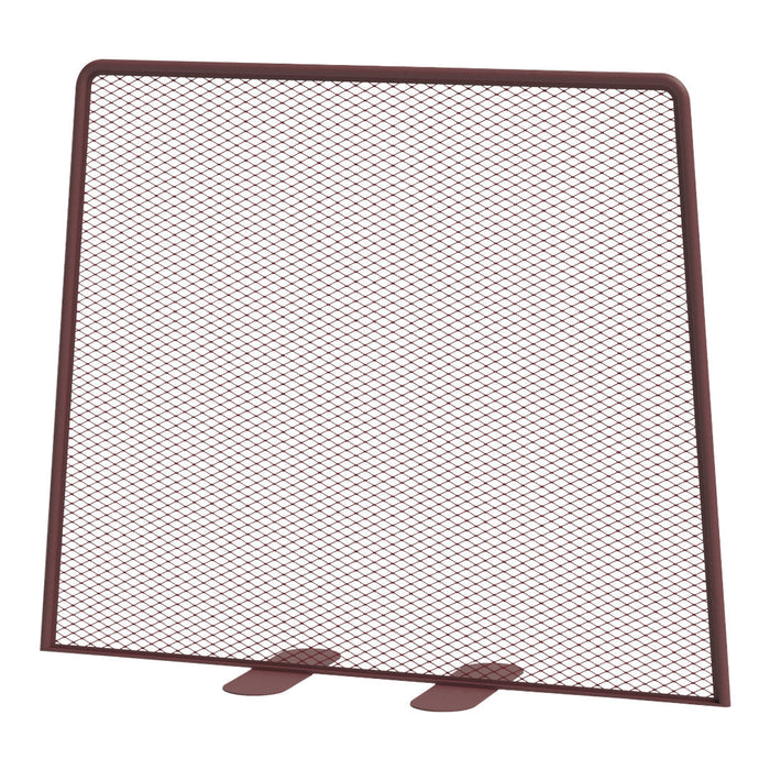 Brown mesh fireplace screen with a diamond-patterned design and flat base supports. Ideal for home decor.