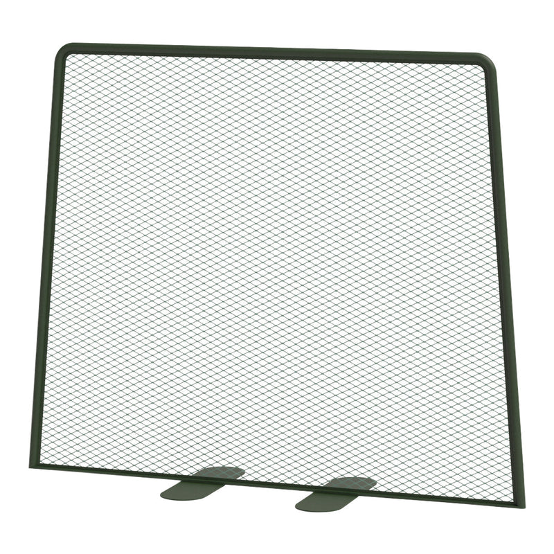 Black mesh screen with a diamond pattern, featuring a sturdy square frame and metal supports.