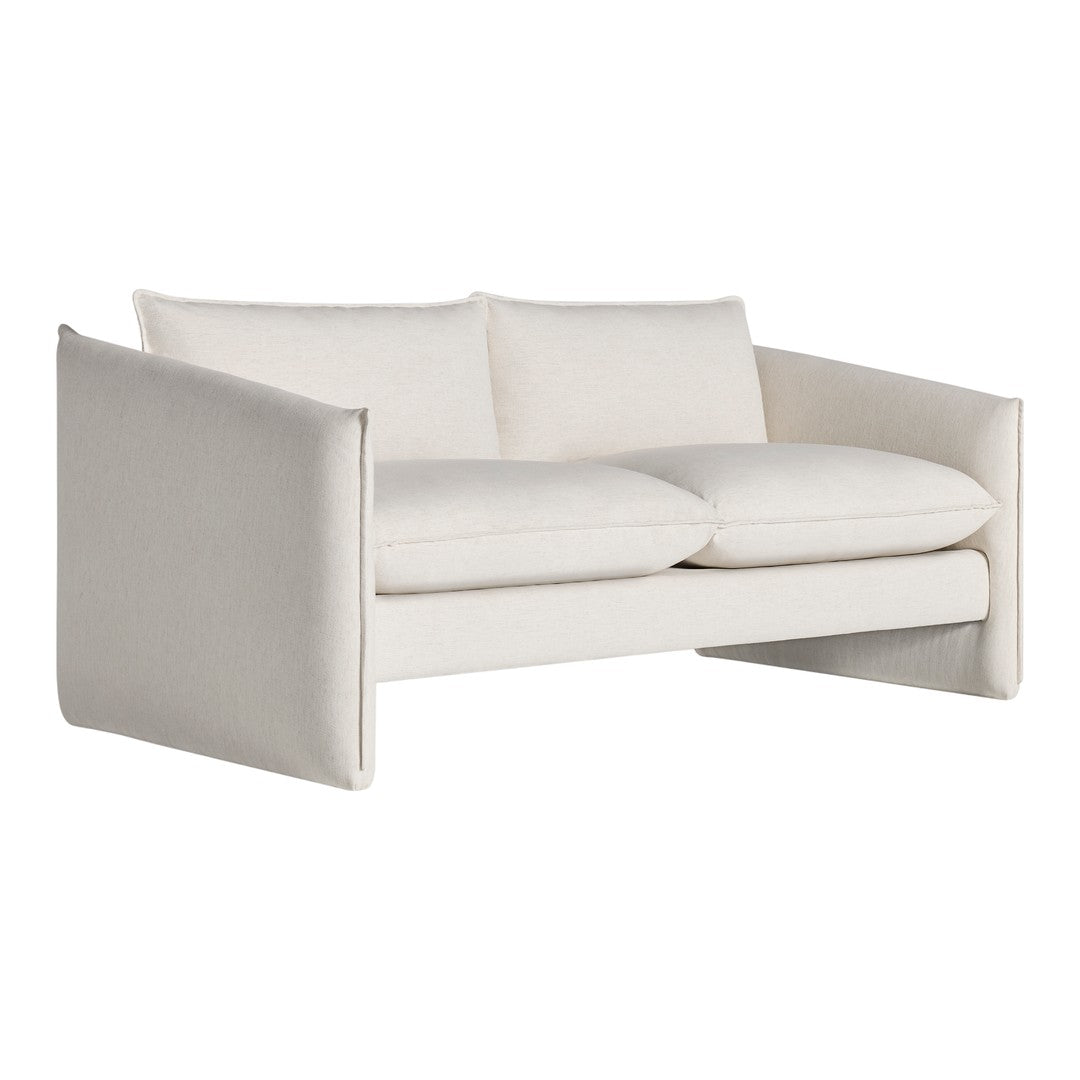 Cream-colored fabric sofa with a minimalist design and subtle texture, perfect for modern interiors.