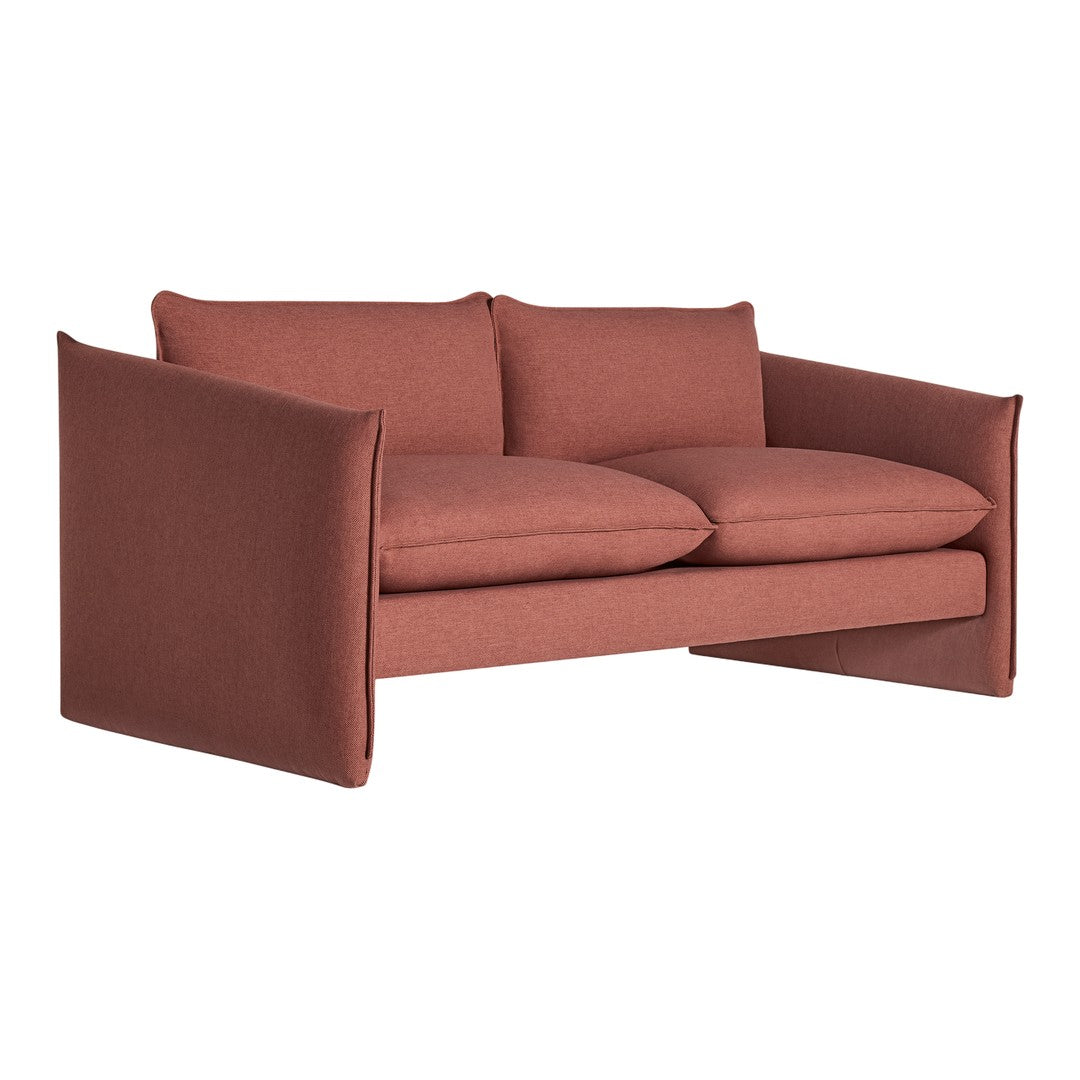 Rust-colored modern sofa with a minimalist design and soft fabric, ideal for contemporary living spaces.