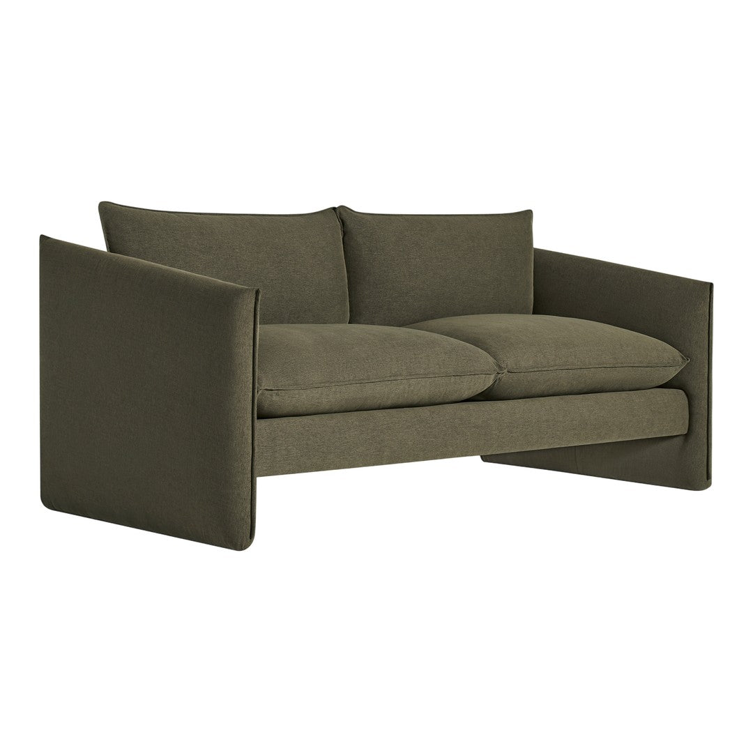 Olive green sofa with minimalist design and soft fabric, featuring clean lines and plush cushions for comfort.