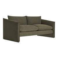 Olive green sofa with minimalist design and soft fabric, featuring clean lines and plush cushions for comfort.