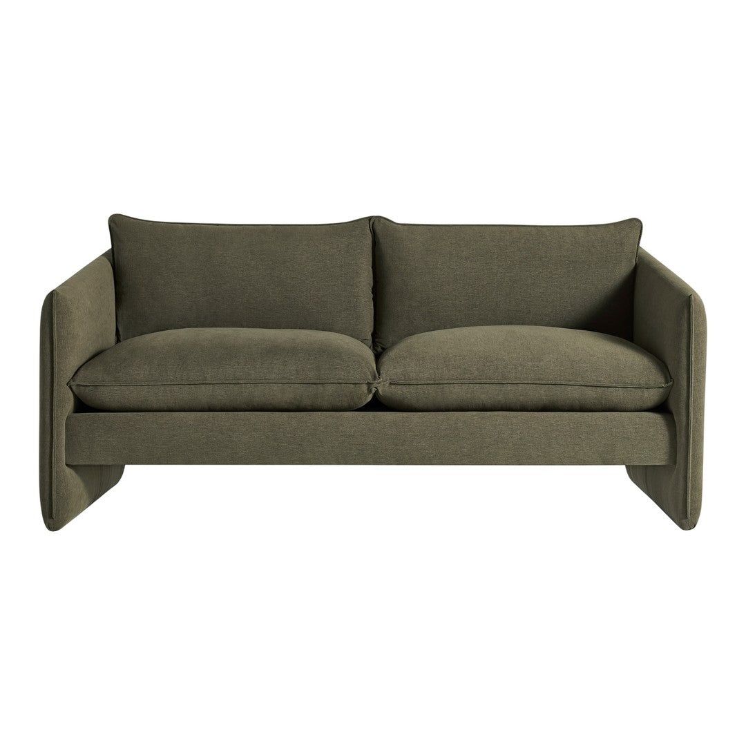Sleek green sofa with textured fabric and minimalistic design, perfect for contemporary living spaces.