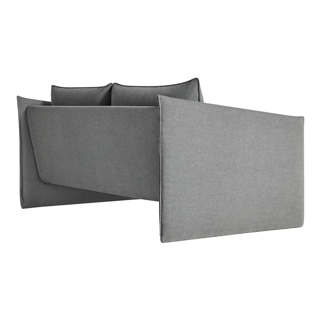 Gray upholstered sofa with a minimalist design and soft, textured fabric. Ideal for modern living spaces.