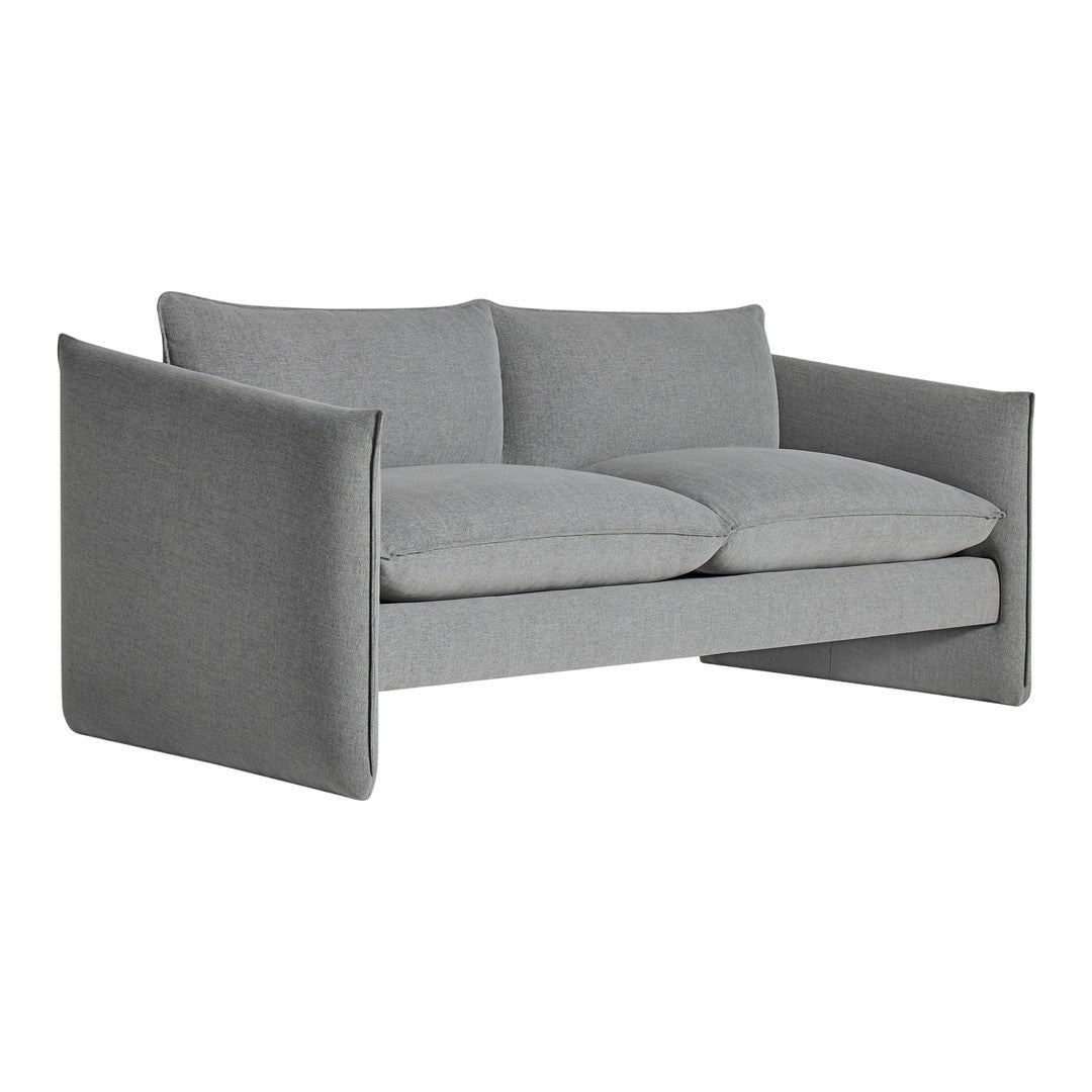 Modern gray fabric sofa with clean lines and soft cushions, perfect for contemporary living spaces.