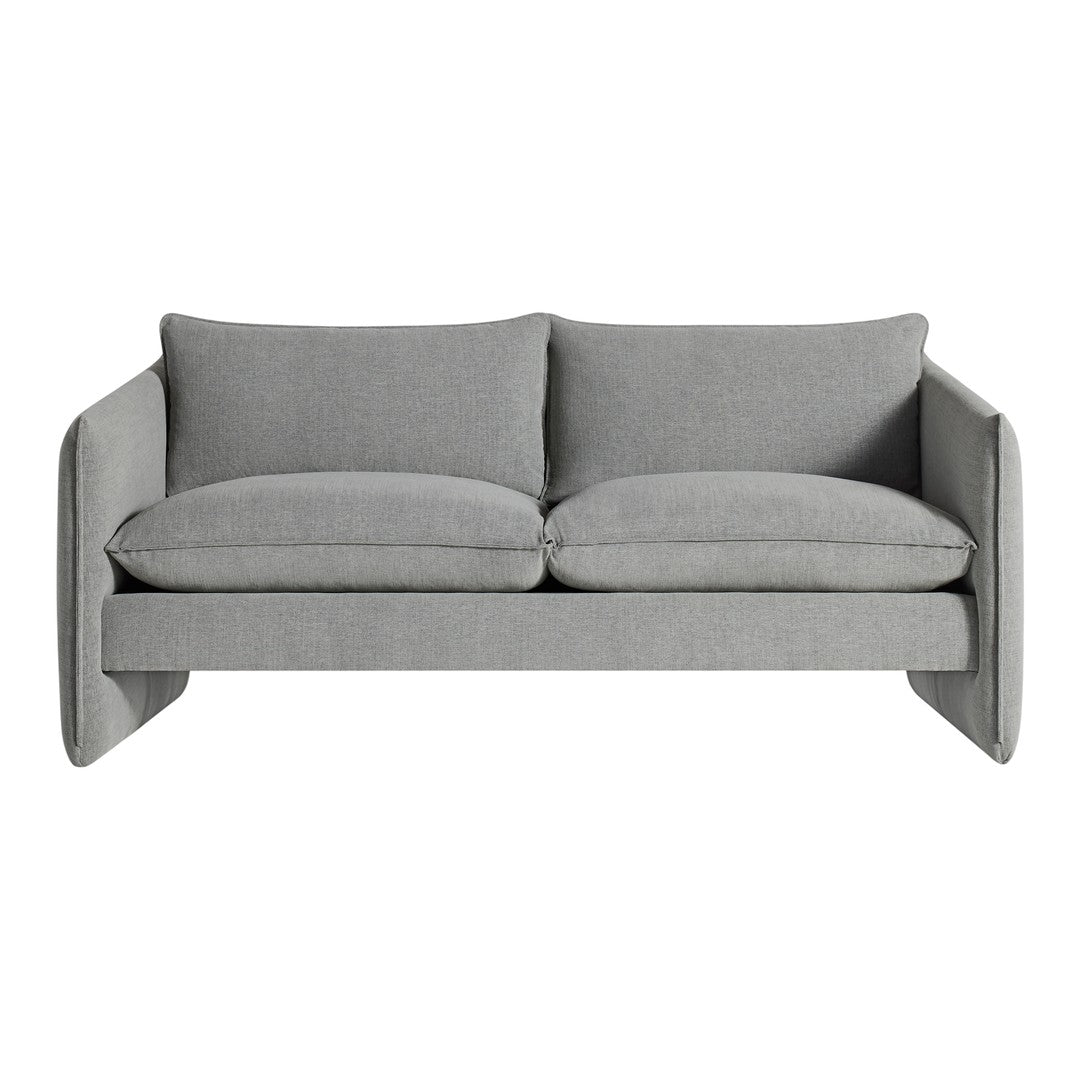 Gray fabric sofa with plush, simple design and soft, smooth texture, perfect for modern or minimalist decor.