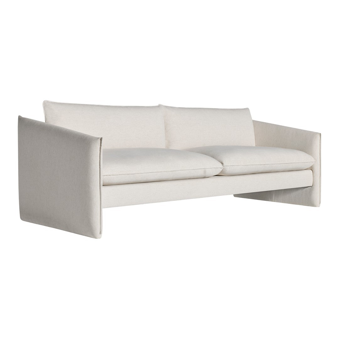Cream-colored modern sofa with a sleek, minimalist design and textured fabric upholstery. Perfect for airy spaces.