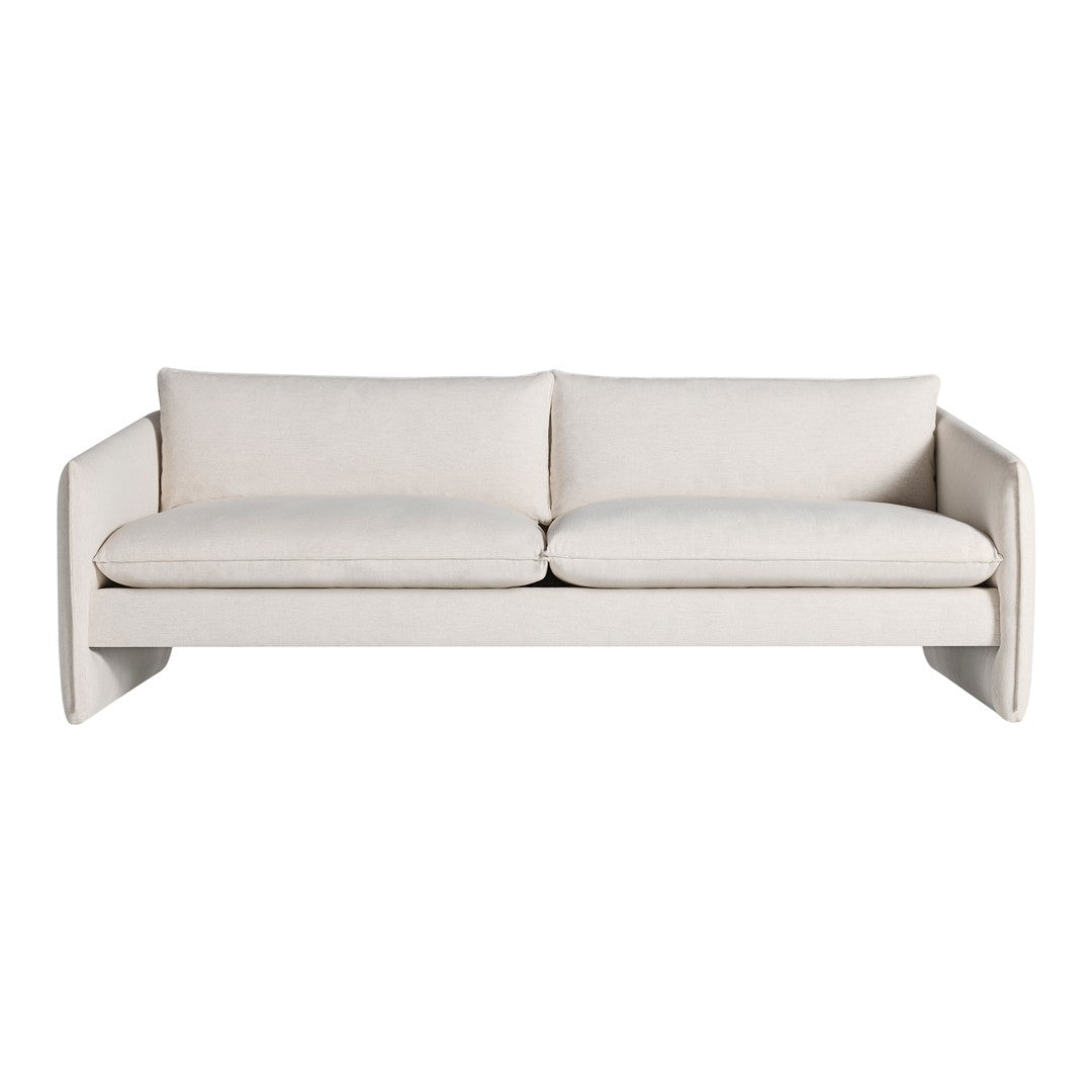 Minimalist beige sofa with soft fabric and simple, modern design. Perfect for a stylish living space.