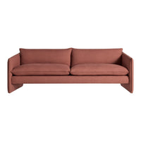 Terracotta upholstered sofa with minimalist design and two large cushions for added comfort.
