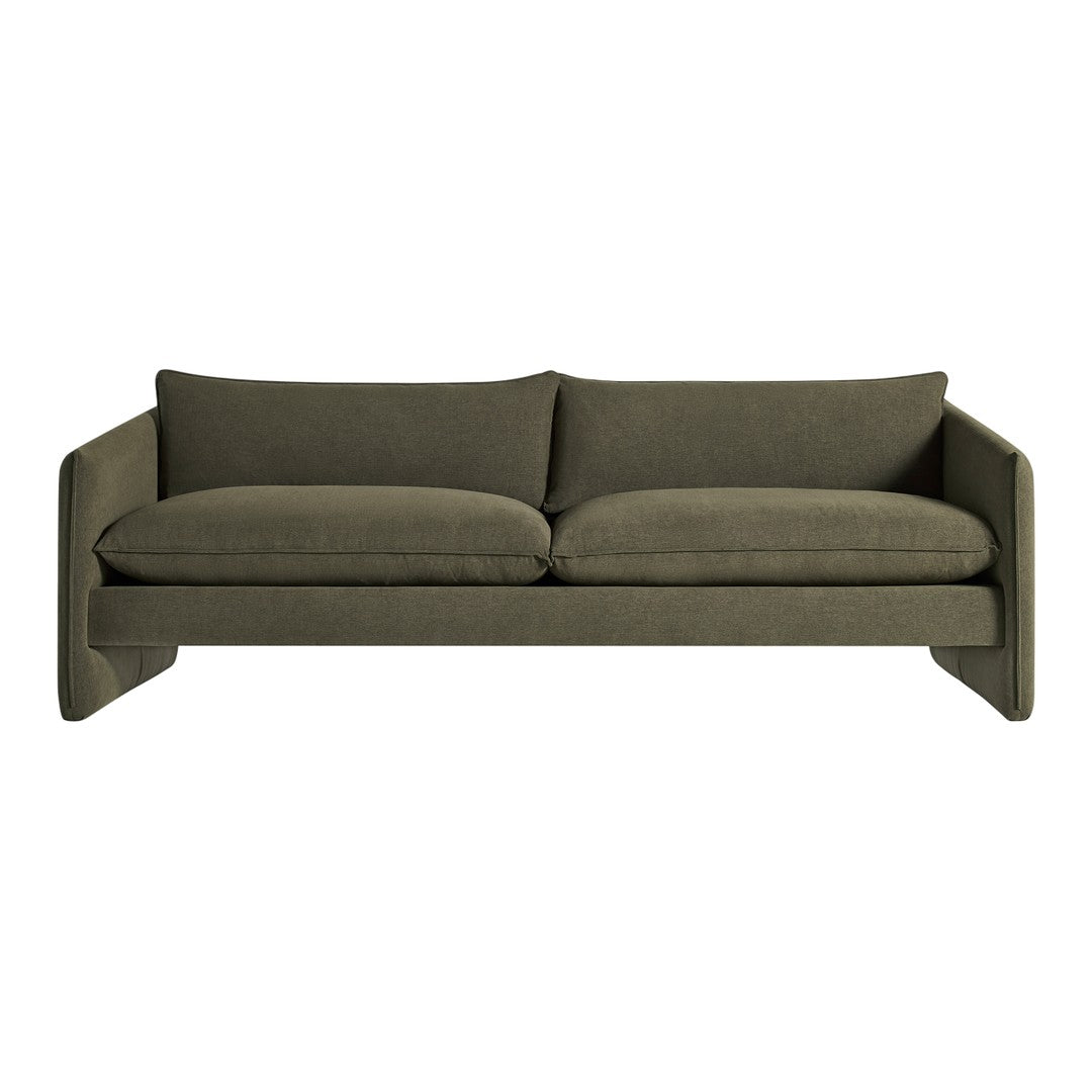 Sleek, modern sofa in rich olive green upholstery with a smooth, textured fabric finish.