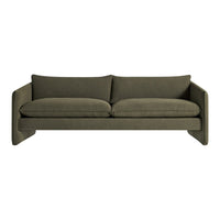 Sleek, modern sofa in rich olive green upholstery with a smooth, textured fabric finish.