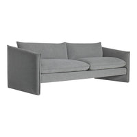 Sleek modern sofa in light gray fabric with clean lines and minimalistic design. Perfect for contemporary spaces.