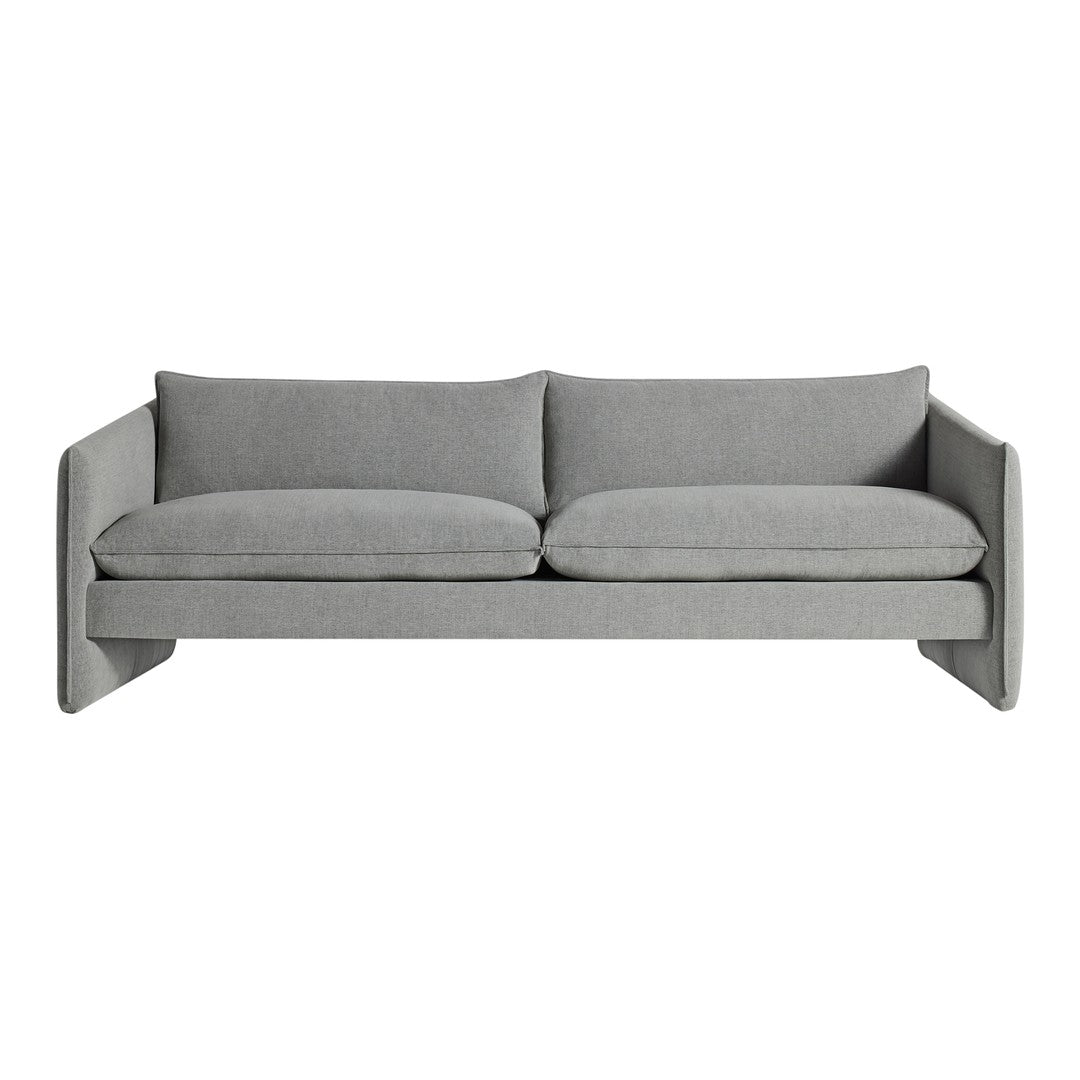 Modern gray sofa with a sleek design and soft fabric, featuring a uniform pattern and plush cushions for comfort.