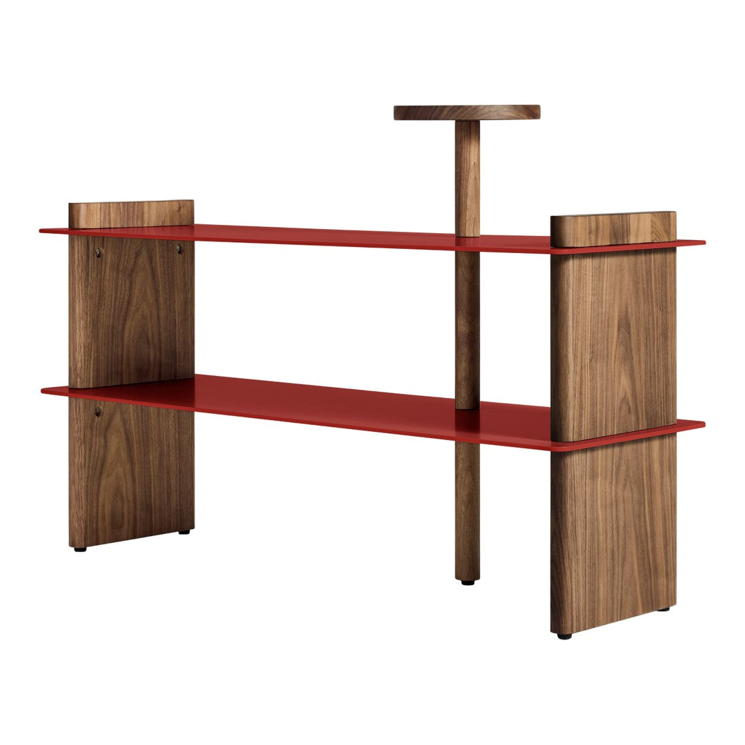 Stylish wooden shelf unit with rich walnut finish and vibrant red shelves, offering a modern aesthetic.