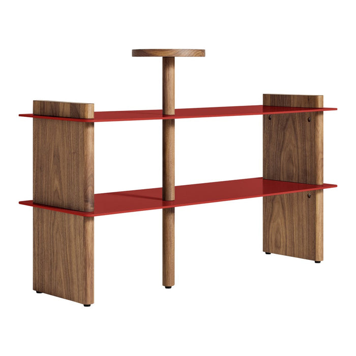 Modern wooden shelf with a walnut finish and bold red shelves, featuring sleek lines and a minimalist design.